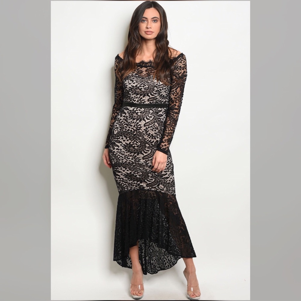 Black Lace Nude Long Sleeve Dress
